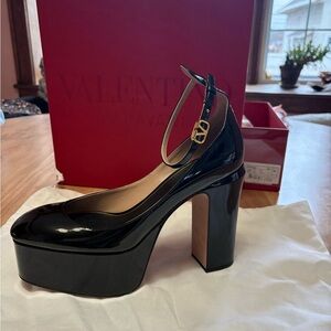 Valentino Black Patent Platform Mary Jane with Gold Logo Strap